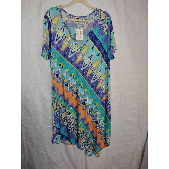 R. Rouge Women's PLUS Size 3X Multicolored Asymmetrical Short Sleeve Dress - Picture 1 of 7
